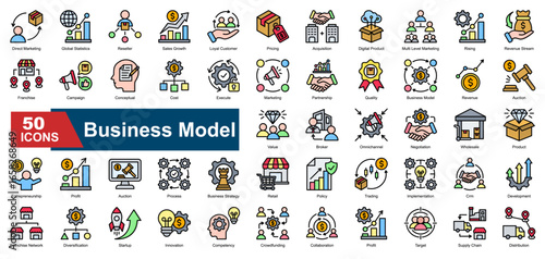 Business Model icon set showcasing key business operations and growth. Featuring sales, strategy, partnerships, revenue streams, pricing models, and innovation. Ideal for startups, pitch decks, and st