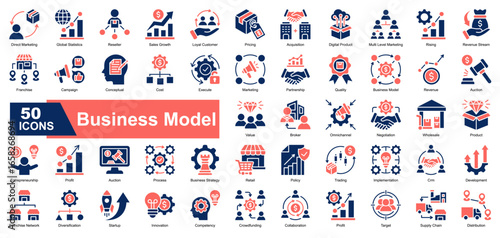 Business Model icon set showcasing key business operations and growth. Featuring sales, strategy, partnerships, revenue streams, pricing models, and innovation. Ideal for startups, pitch decks, and st