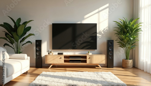 Bright living room features modern entertainment center with large TV and speakers, complemented by rich potted plants. Sunlight streams through window, creating warm and inviting atmosphere.