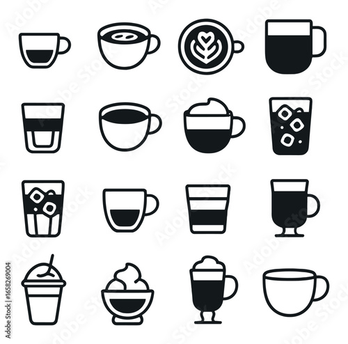 Silhouette coffee icon set featuring espresso, cappuccino, latte, mocha, frappe, and iced coffee symbols