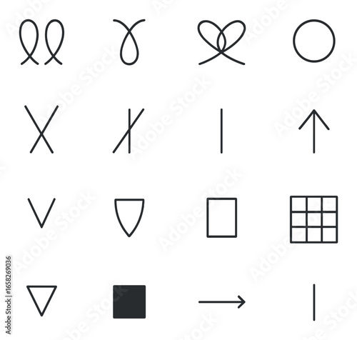 Linear abstract icon set featuring loops, circles, arrows, rectangles, and triangles symbols
