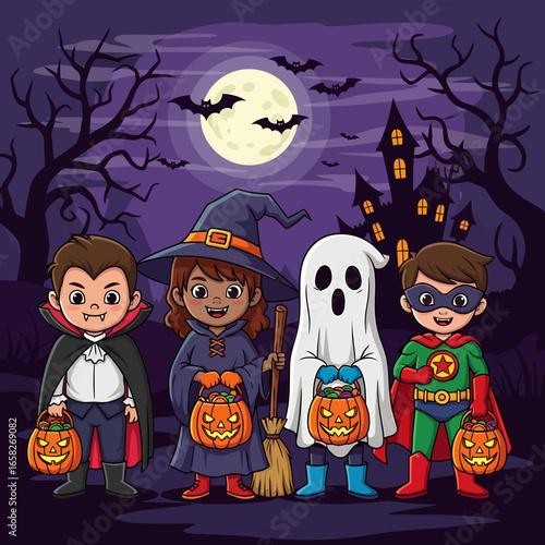 Four cute cartoon children in Halloween costumes stand together with candy buckets in front of a spooky haunted house under a full moon.