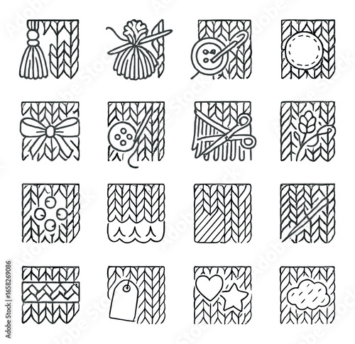 Silhouette knitting icon set featuring yarn, needle, pattern, scissors, and fabric symbols