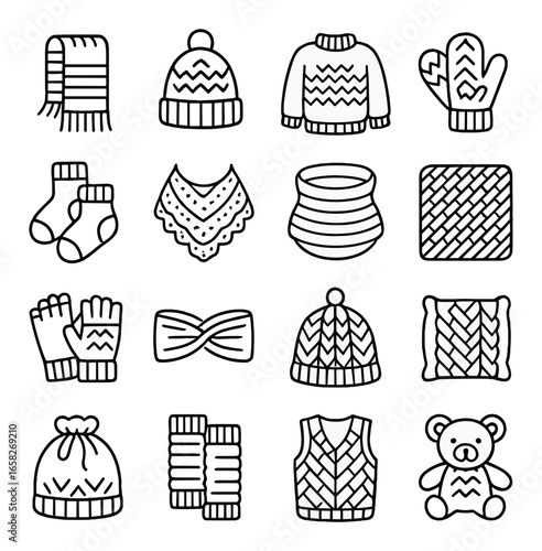 Linear winter clothing icons set featuring scarf, hat, sweater, mittens, socks, shawl, and gloves