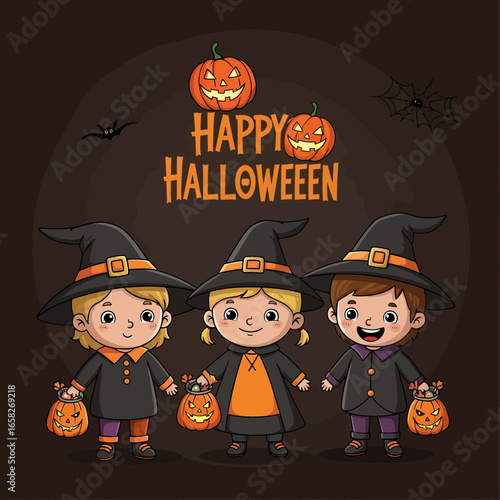 Three cute cartoon children in witch costumes holding jack-o'-lantern pails for a Happy Halloween celebration.