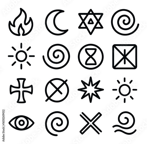 Silhouette elements icon set featuring flame, moon, star, spiral, sun, cross, eye, and wave symbols