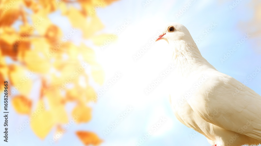 Obraz premium White dove holding an olive branch against a soft blue sky, golden autumn leaves blurred behind.