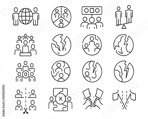 Set of outline icons related to social polarization. Linear icon collection