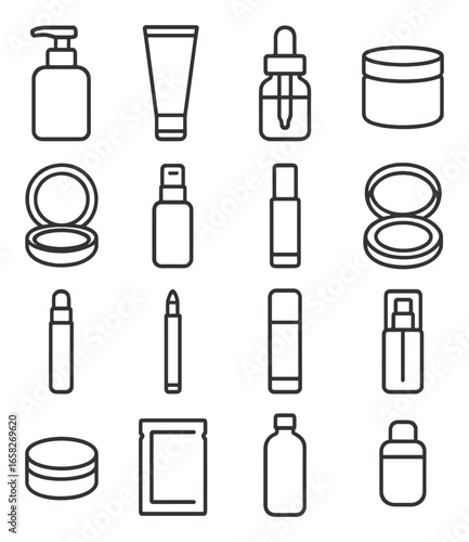 Linear cosmetic icon set featuring lotion, cream, dropper, compact, spray, lipstick, and bottle symbols