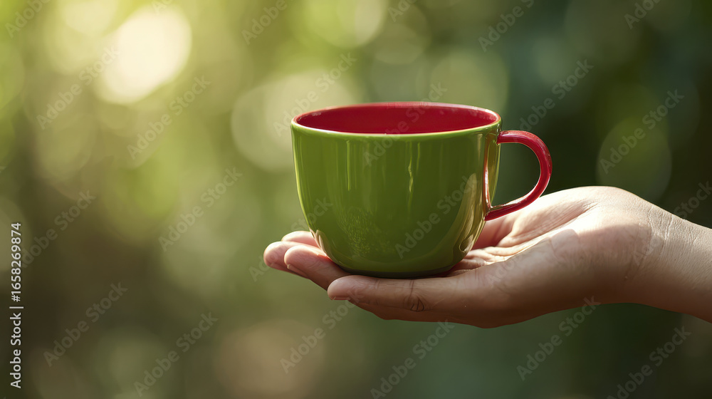 Obraz premium Hand gently holds vibrant green cup with red interior against blurred natural background, evoking sense of care and tranquility life simple