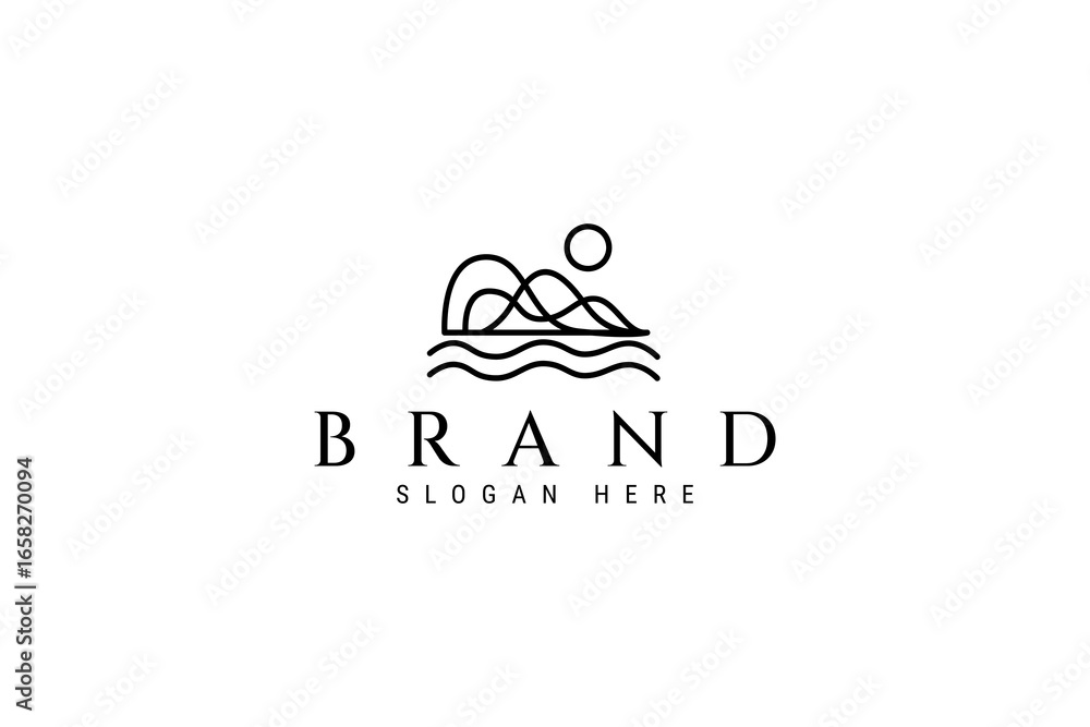 abstract mountain logo with lake water waves in sunlight in linear outline art design style abstract mountain logo with lake water waves in sunlight in linear outline art design style