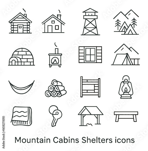 Linear mountain cabin shelters icon set featuring cabin, house, lookout, tent, igloo, and lantern