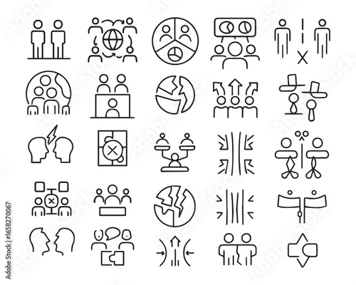 Set of outline icons related to social polarization. Linear icon collection