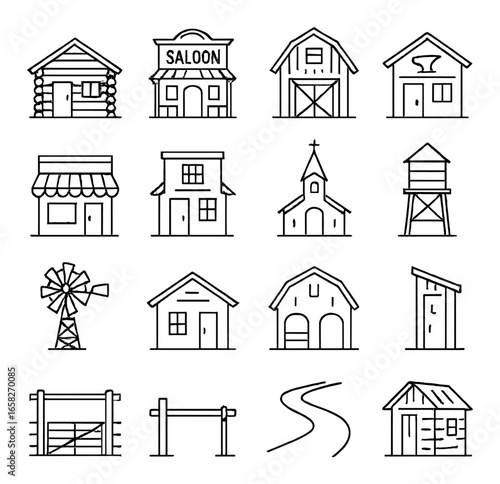 Linear wild west icon set featuring saloon, barn, shop, church, windmill, cabin, and water tower