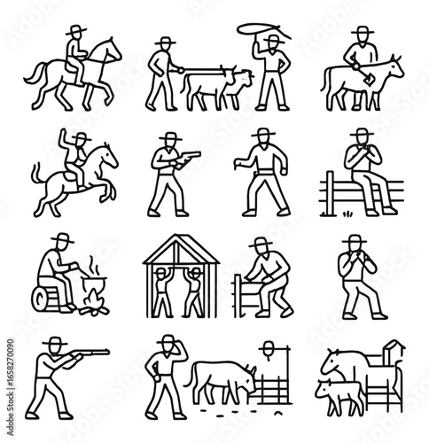 Linear wild west icon set featuring cowboy, horse, cattle, lasso, gun, campfire, and rodeo