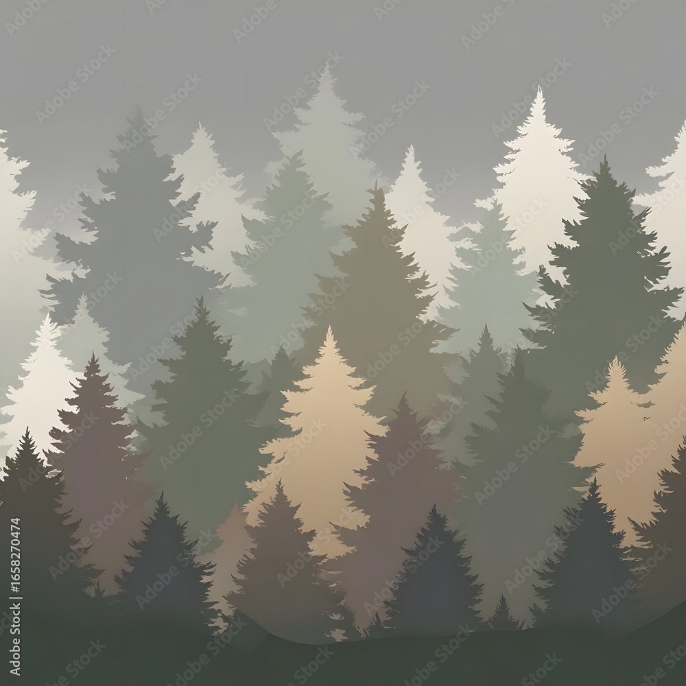 Fototapeta premium Misty forest, peaceful woods, serene landscape, tranquil scene, evergreen trees, misty mountains, forest background, nature scene, woodland, coniferous forest, pine trees, fir trees, spruce trees.