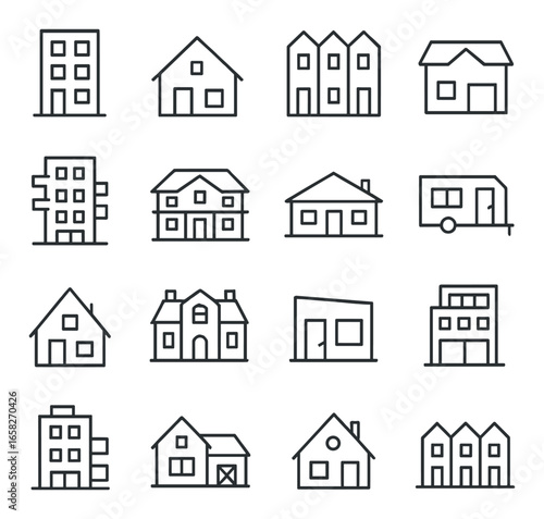 Linear real estate icons set featuring apartment, house, townhouse, cottage, cabin, and trailer designs
