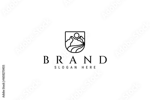 mountain landscape logo with flowing river and sun in a shield frame with linear line art design style