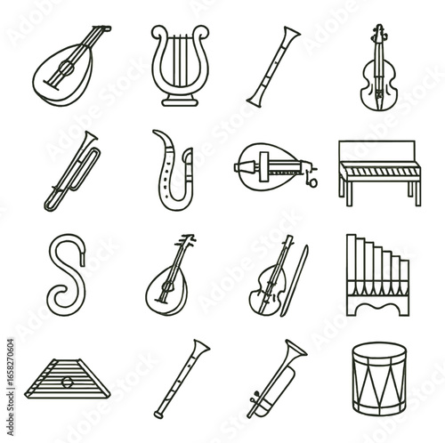 Linear music instrument icons set with lute, lyre, clarinet, violin, harp, and drum symbols