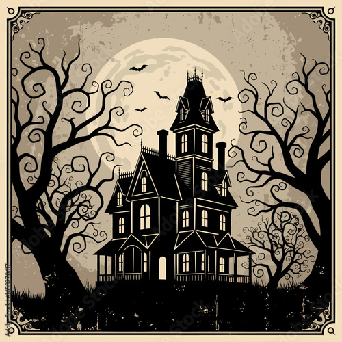 A spooky Victorian haunted house silhouetted against a large full moon with bats and bare trees.