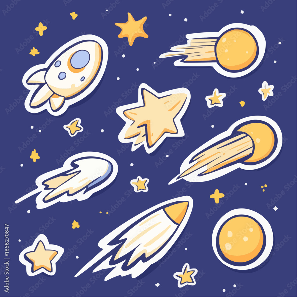 Naklejka premium Cartoon sticker sheet with small comets and tiny meteors, soft pastel palette for kids party decor, journaling and school crafts. Part of a sticker series