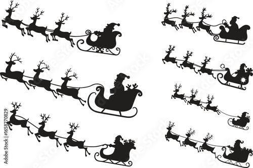 Santa Claus is flying in sleigh with Christmas reindeer silhouettes. santa, sleigh, reindeer, flying, night, moon, silhouette, tree, snow, landscape, dark, pine tree, holiday, christmas