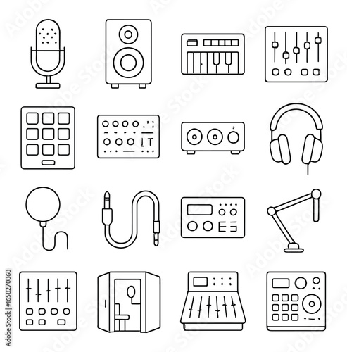Linear music production icon set featuring microphone, speaker, synthesizer, headphones, mixer, and equalizer