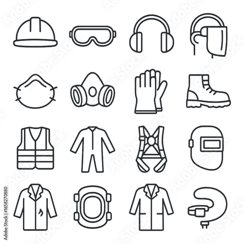 Linear safety equipment icon set featuring hard hat, goggles, headphones, mask, gloves, boots, vest, suit