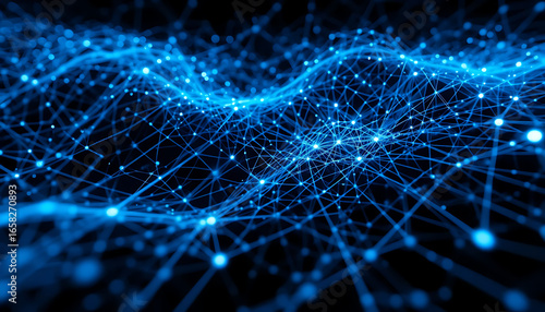 Abstract blue network of glowing nodes and lines, representing a complex interconnected system and digital technology