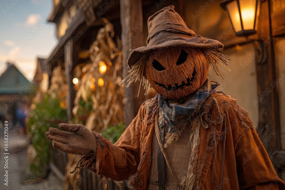 Obraz premium Creepy Scarecrow with a Pumpkin Head at Twilight