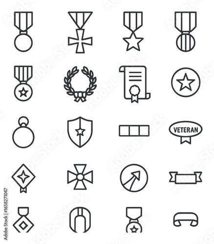Linear award icon set featuring medals, trophies, certificates, ribbons, and shields