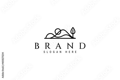 Natural mountain logo design with sun and pine trees in abstract minimalist linear wave curve design style