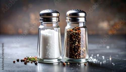 Classic salt and pepper shakers on a dark textured surface with scattered grains and peppercorns, highlighting essential kitchen seasonings and culinary contrast