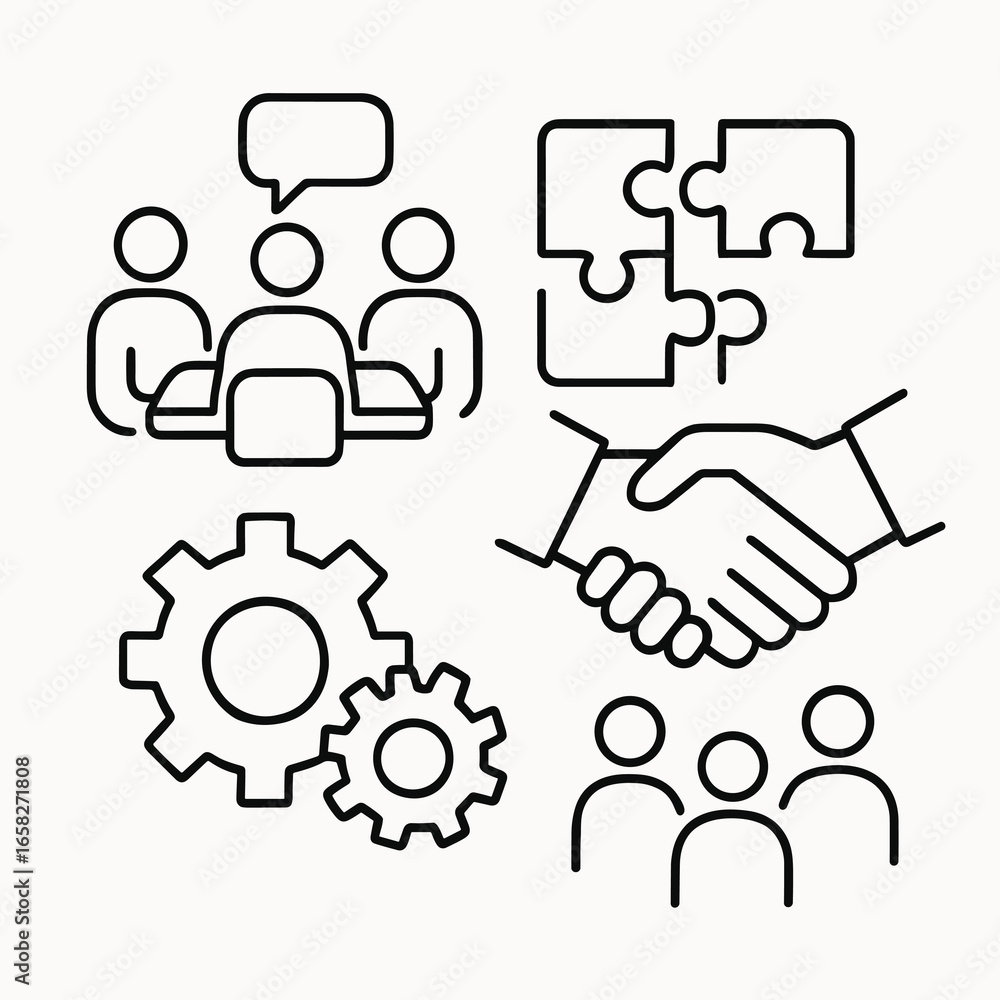 Obraz premium teamwork concept vector icon illustration, business meeting, partnership, collaboration, outline style 