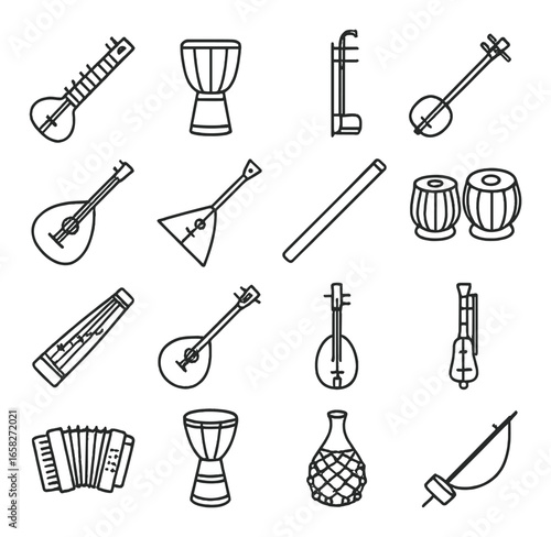 Linear music icon set featuring guitar, drum, erhu, banjo, accordion, and sitar symbols