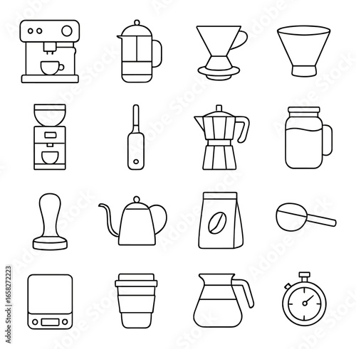 Linear coffee icon set featuring espresso machine, grinder, kettle, and coffee maker symbols