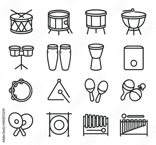 Linear music instrument icon set featuring drum, timpani, bongos, conga, djembe, tambourine, triangle