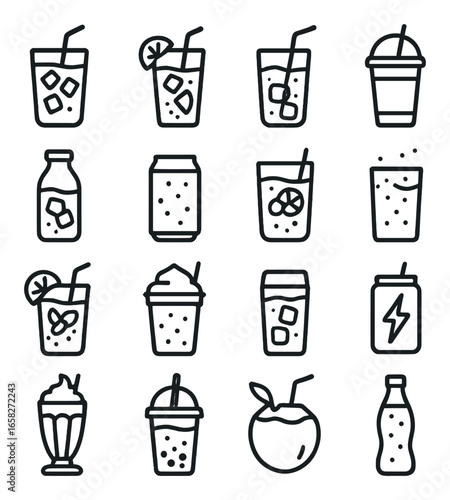 Linear beverage icon set featuring soda, juice, milkshake, coconut, cocktail, and smoothie symbols