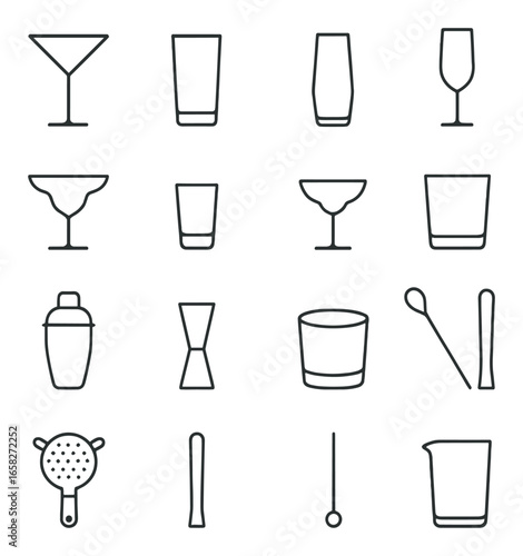 Linear barware icon set featuring martini, highball, wine, shaker, strainer, and glass symbols