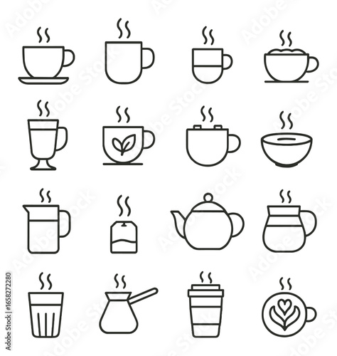 Linear coffee icon set featuring cup, mug, teapot, latte, espresso, and herbal tea symbols