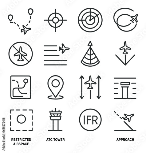 Linear aviation icon set featuring airspace, atc tower, ifr, radar, approach, and navigation symbols