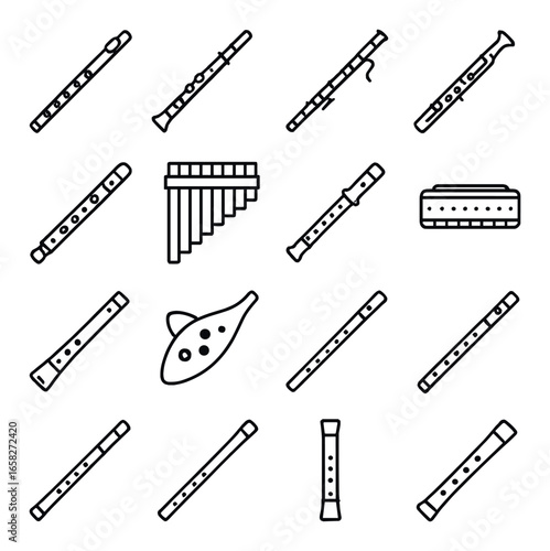 Linear music instrument icon set featuring flute, recorder, ocarina, harmonica, clarinet, pan flute