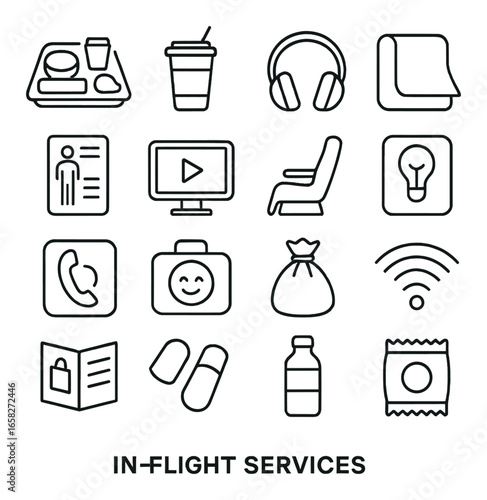 Linear in-flight services icon set featuring food, drink, entertainment, comfort, and connectivity symbols