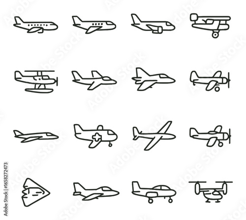 Linear aviation icon set featuring plane, jet, biplane, and helicopter symbols