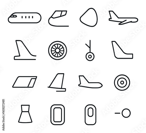 Linear aircraft icon set featuring airplane, cockpit, wing, turbine, landing gear, tail, and window symbols