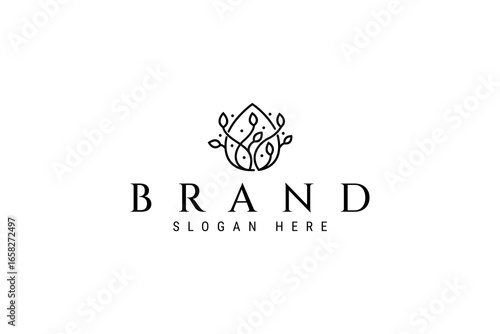 water drop logo with natural creeper in line art design style