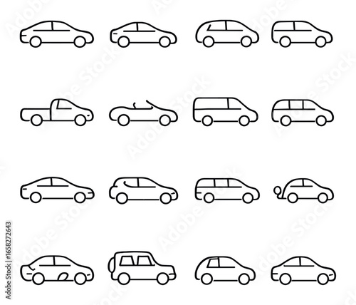 Linear vehicle icon set featuring car, truck, convertible, minivan, and suv symbols