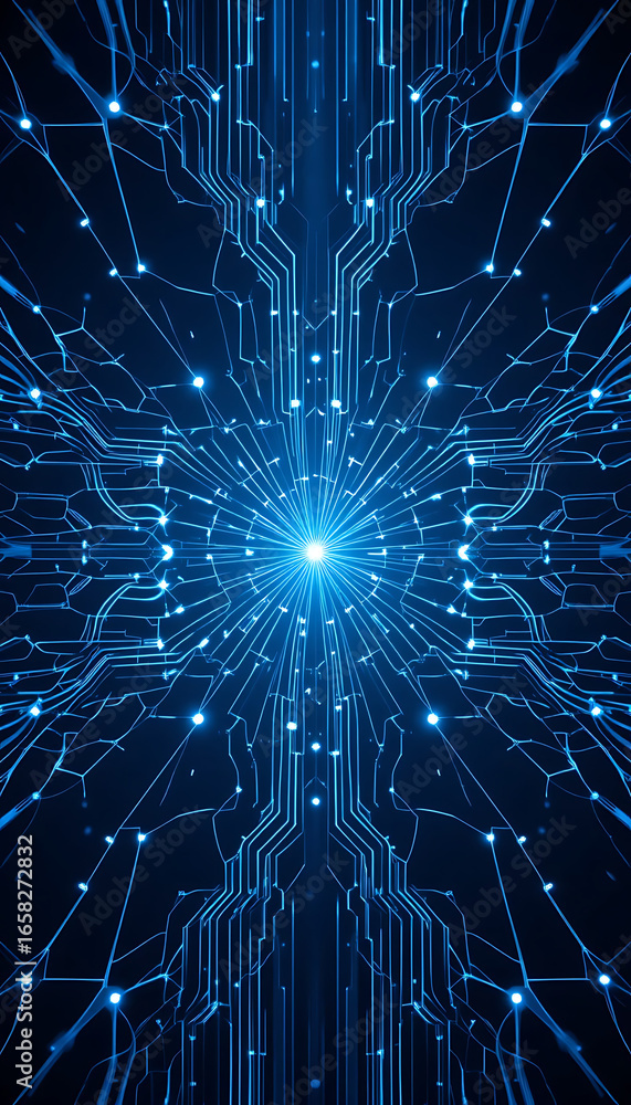 Fototapeta premium Abstract digital network pattern with glowing blue lights and intricate circuitry, symbolizing technology and data flow