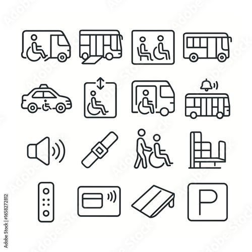 Linear accessibility icons set featuring wheelchair, bus, taxi, ramp, and parking symbols