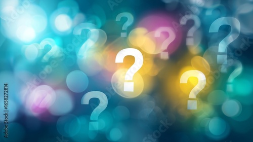 Blurred defocused background with multiple question marks floating in abstract space, symbolizing confusion, doubt, curiosity, problem solving, brainstorming, thinking, uncertainty and idea concepts